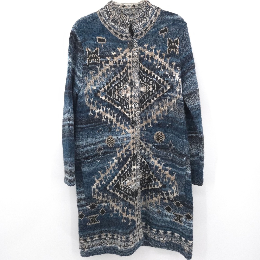 J.Jill Aztec Southwestern Long Duster Cardigan Women Medium Blue Wool Blend Coat